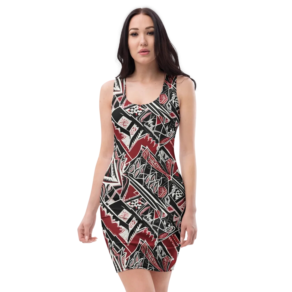 Crimson Geometry on Bodycon Dress — Front