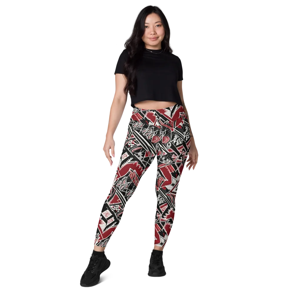 Crimson Geometry on Leggings with Pockets — Front