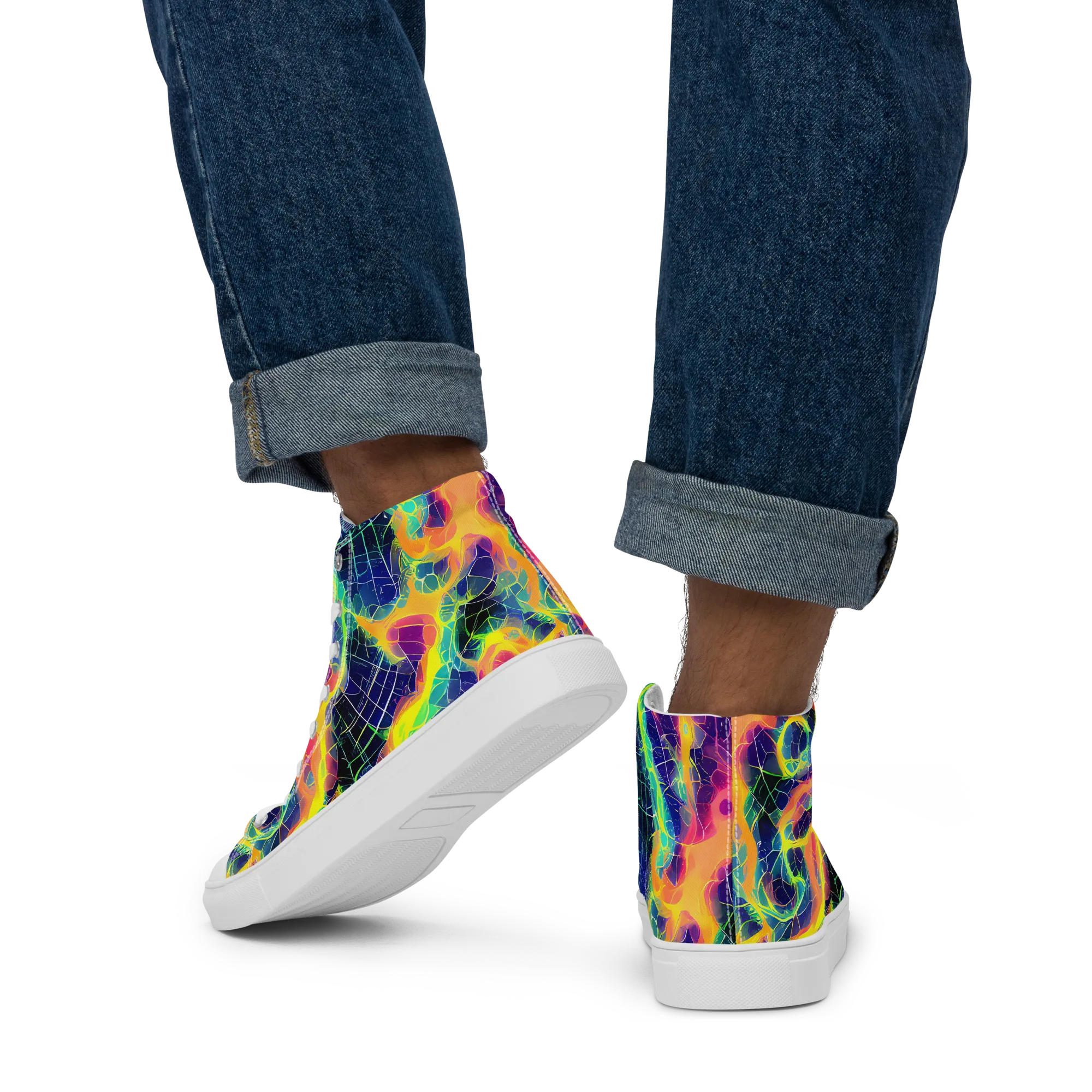 Psychedelic Grid on Men's High Top Canvas Shoes — Back