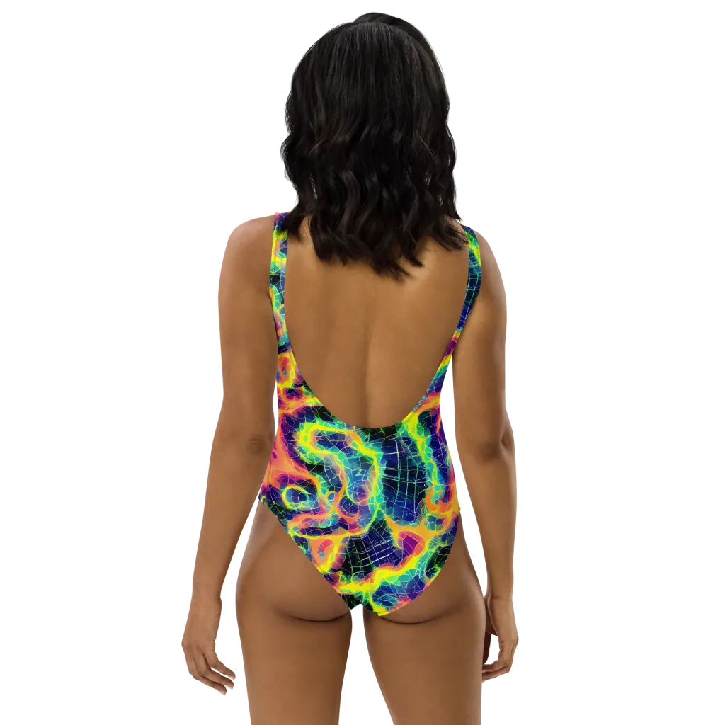 Psychedelic Grid on One-Piece Swimsuit — Back