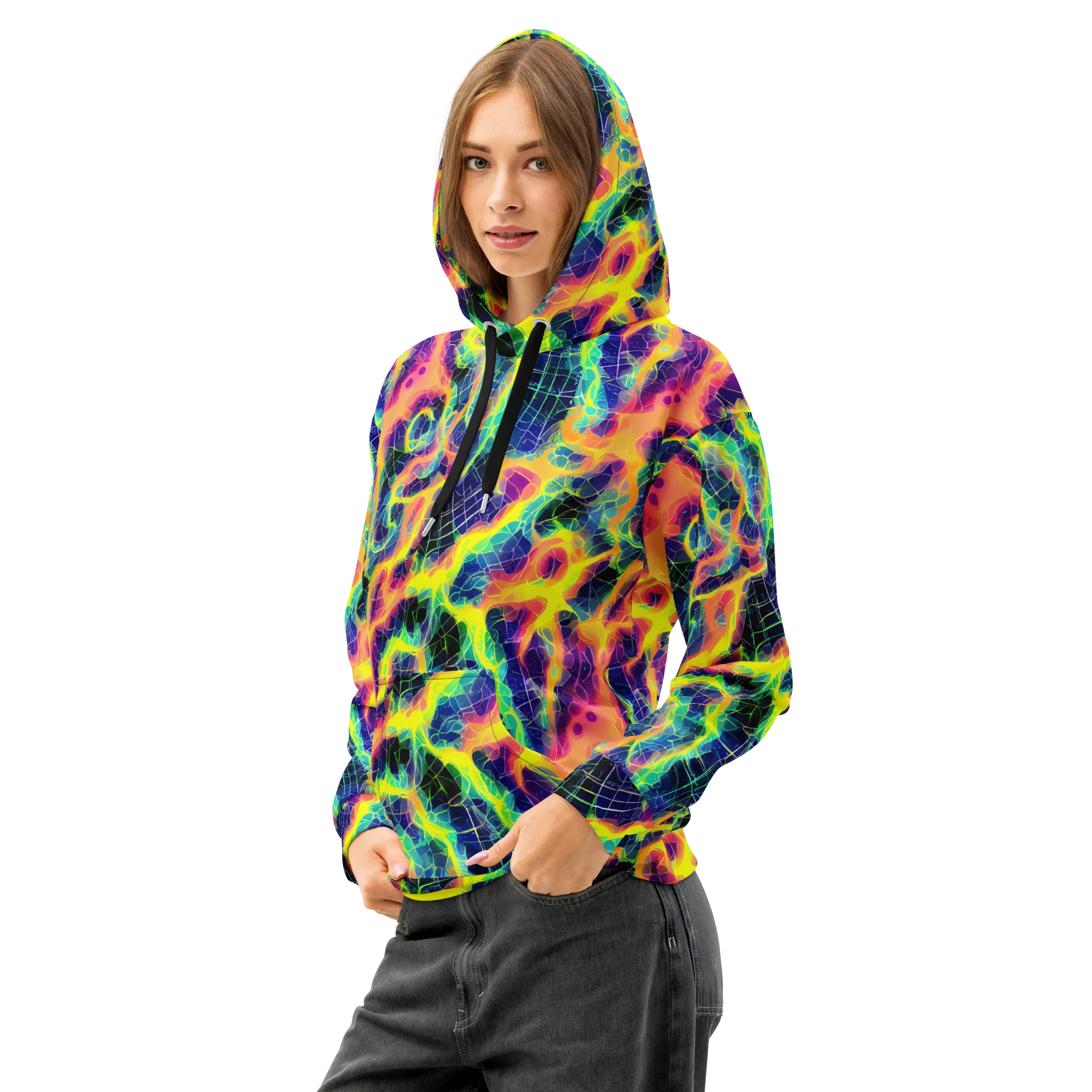 Psychedelic Grid on Cotton Hoodie — Left Front