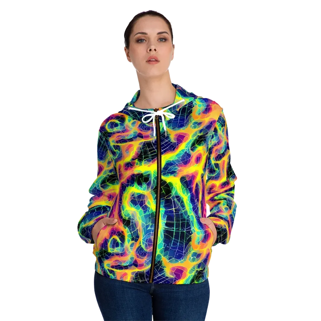 Psychedelic Grid on Women's Full-Zip Hoodie — Front On Person
