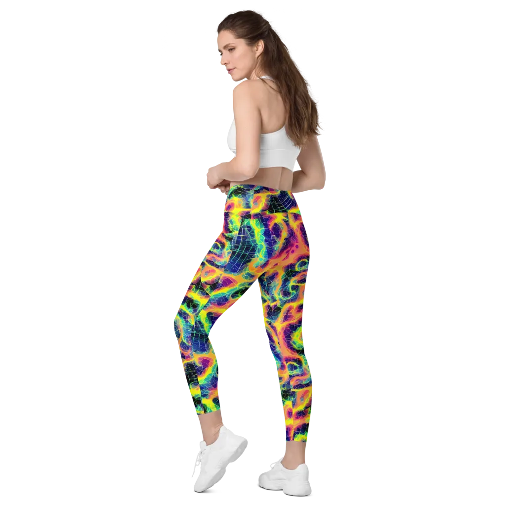 Psychedelic Grid on Leggings with Pockets — Left Back