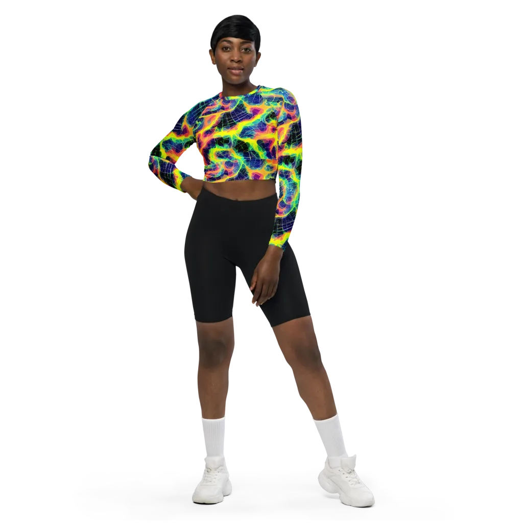 Psychedelic Grid on Long Sleeve Crop Top — Front