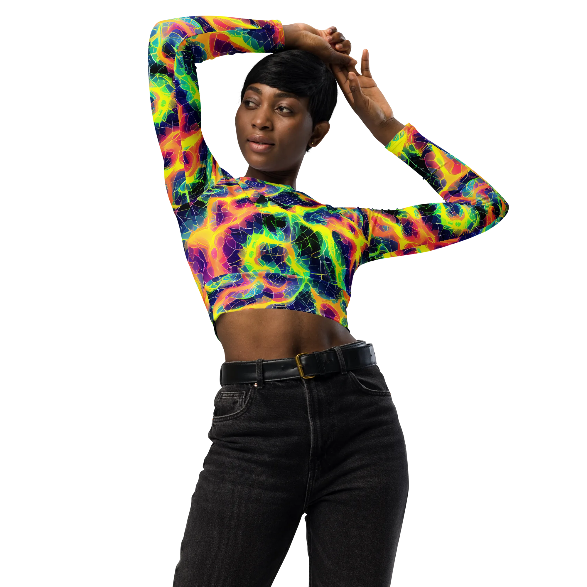 Psychedelic Grid on Long Sleeve Crop Top — Front