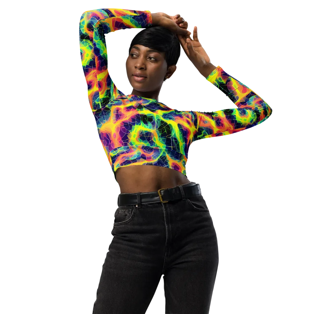 Psychedelic Grid on Long Sleeve Crop Top — Front