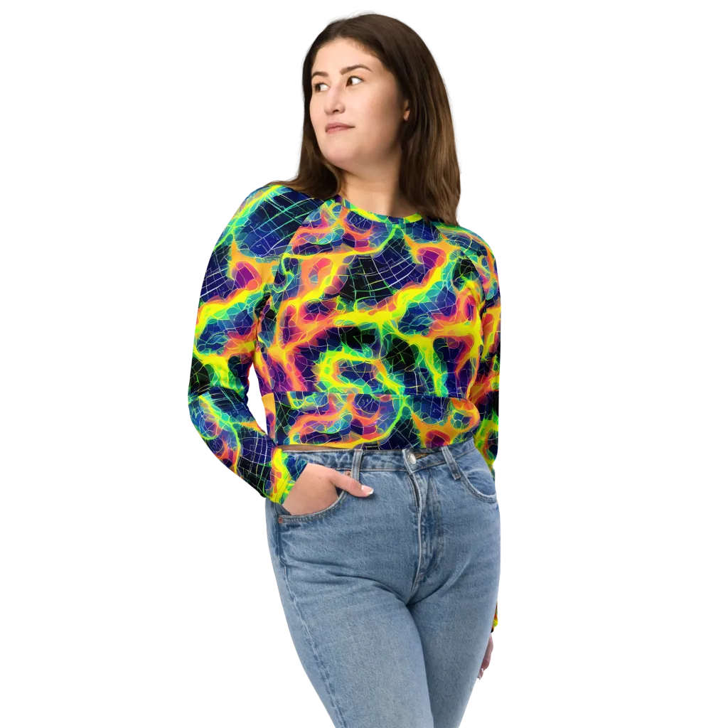 Psychedelic Grid on Long Sleeve Crop Top — Front