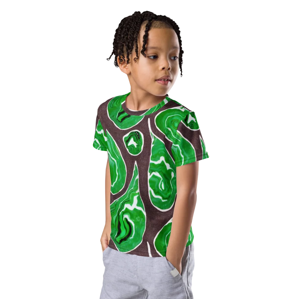 Emerald Marbling on Kids Crew Neck T-Shirt — Left Front