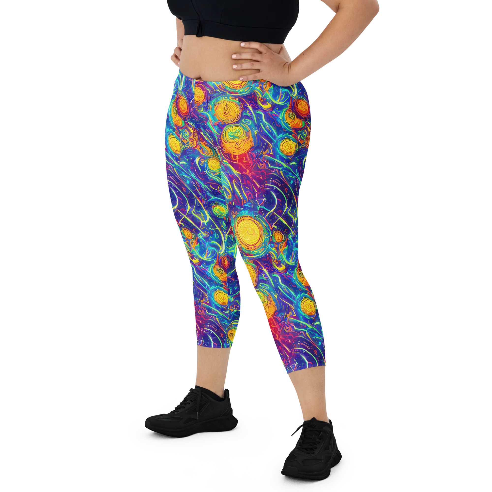 Cosmic Marigold on Capri Leggings — Front
