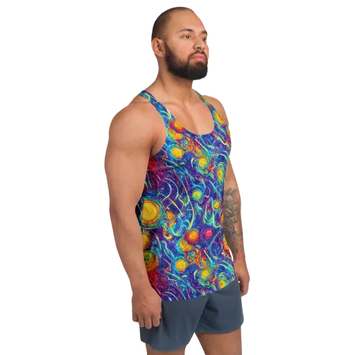 Cosmic Marigold on a Men's Tank Top