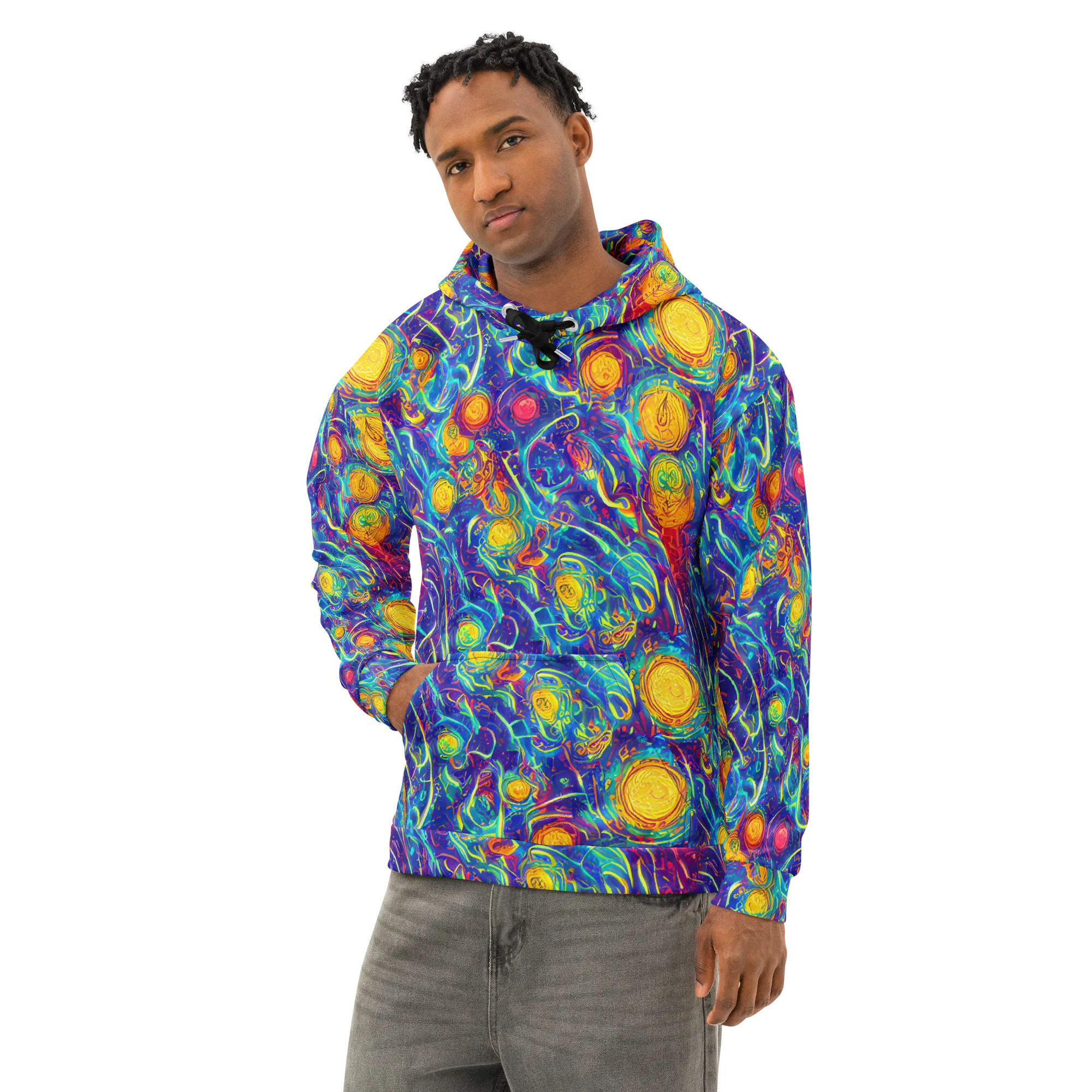 Cosmic Marigold on Cotton Hoodie — Left Front