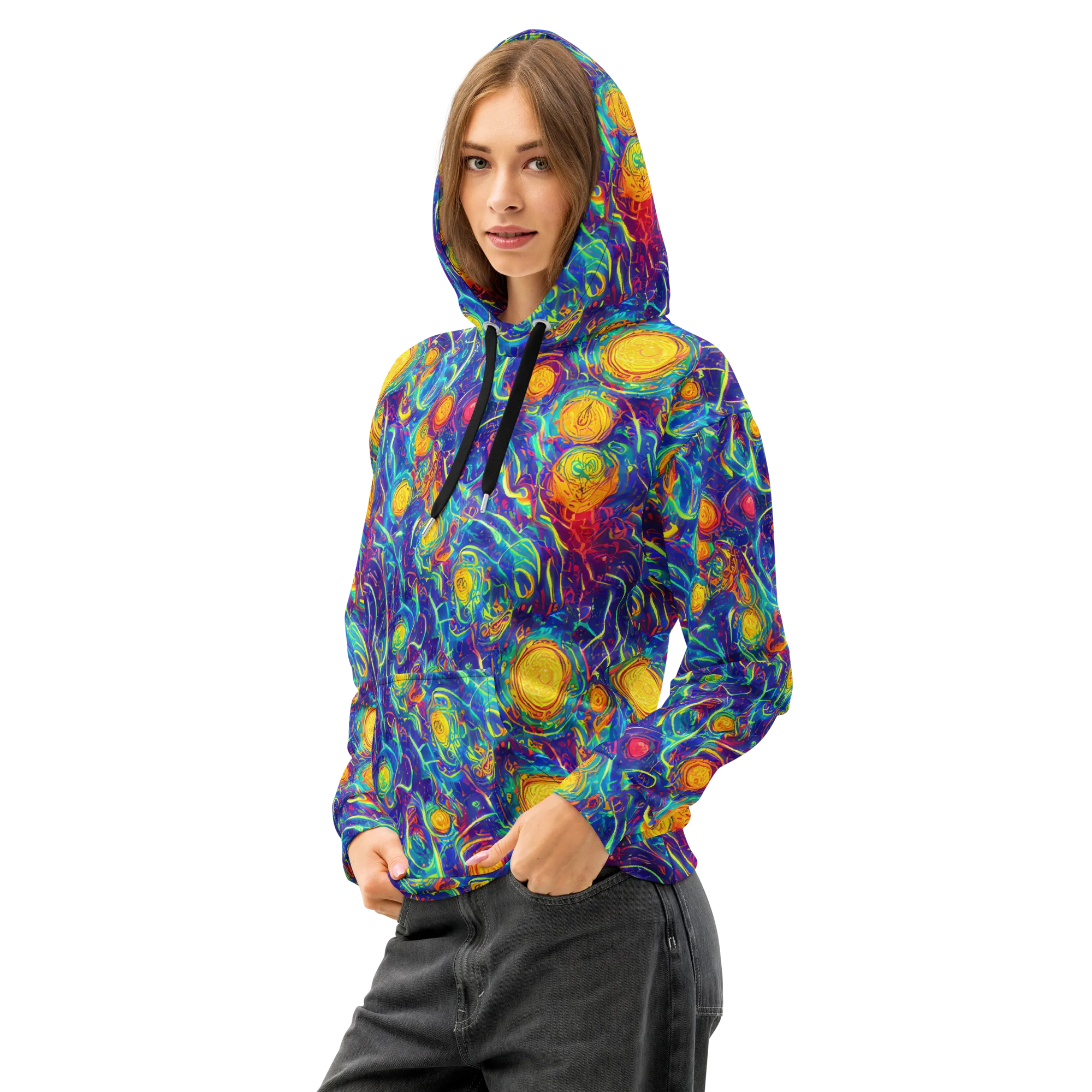 Cosmic Marigold on Cotton Hoodie — Left Front