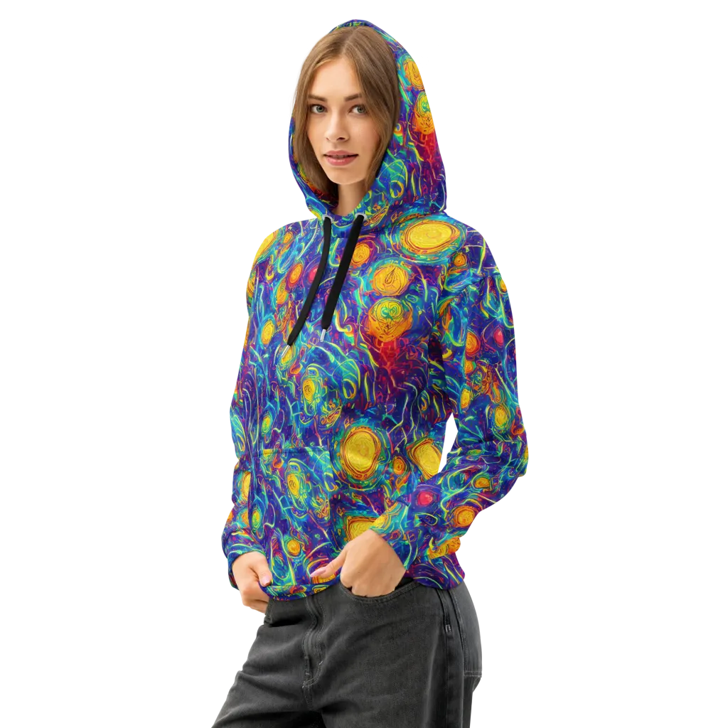 Cosmic Marigold on Cotton Hoodie — Left Front