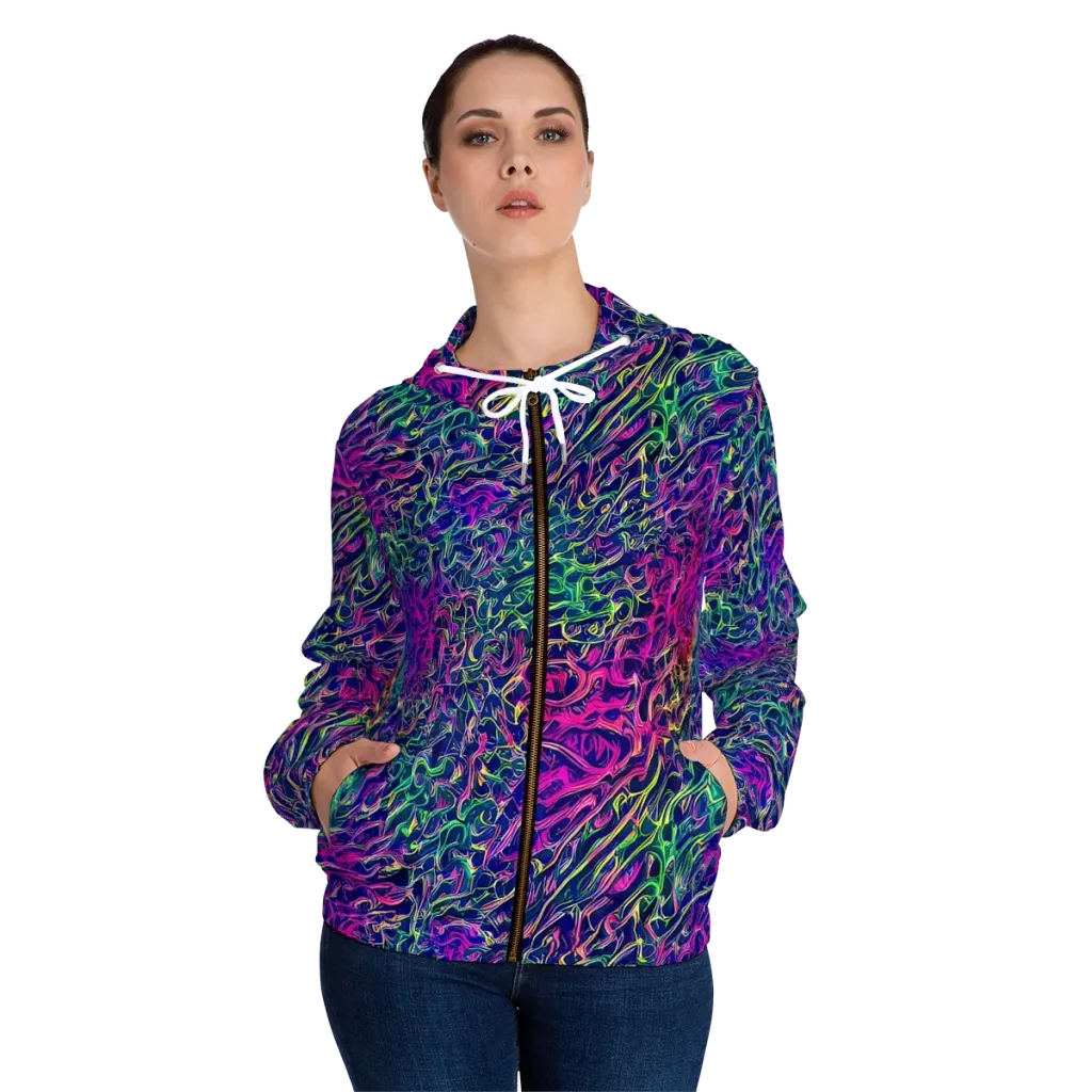 Fuchsia Frontier on Women's Full-Zip Hoodie — Front On Person