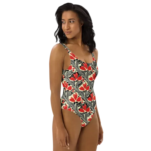 Scarlet Filigree on a One-Piece Swimsuit
