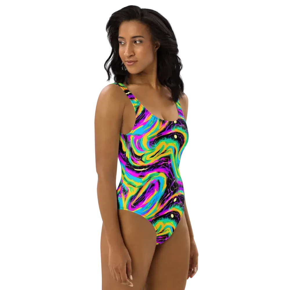 Nightwave Neon on One-Piece Swimsuit — Right