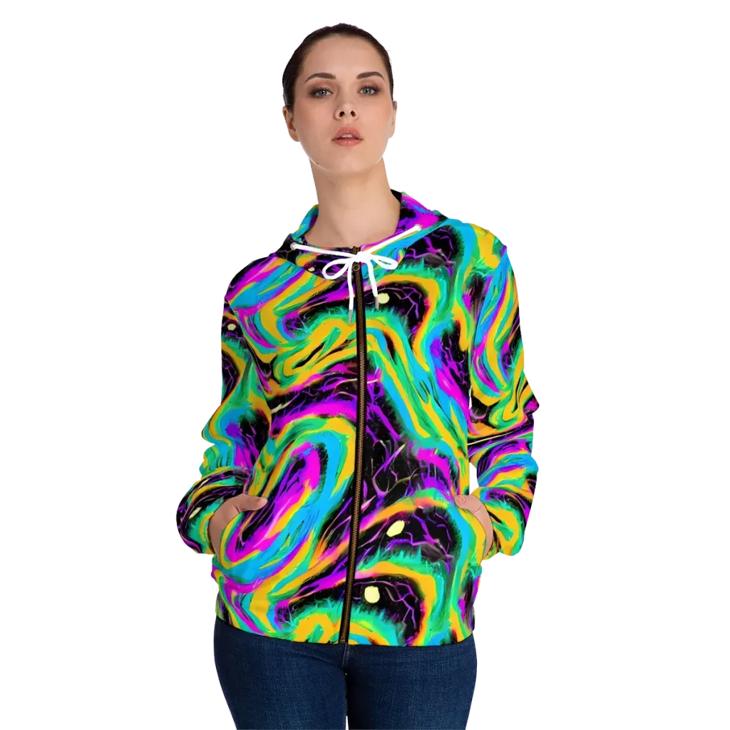 Nightwave Neon on Women's Full-Zip Hoodie — Front On Person