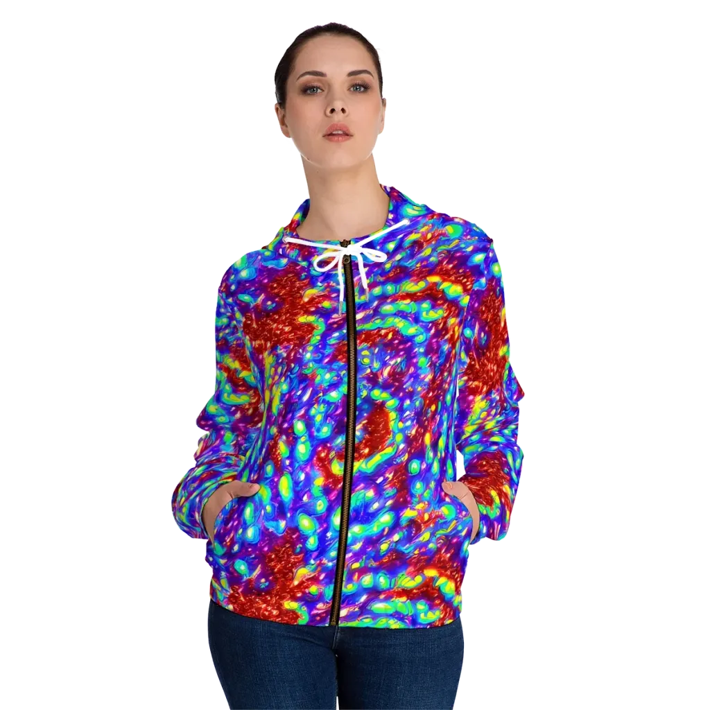 Molten Lime Mosaic on Women's Full-Zip Hoodie — Front On Person