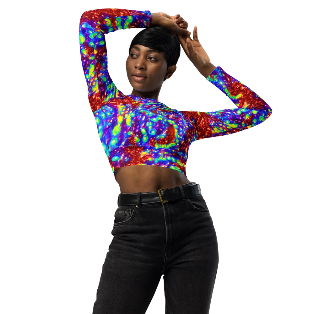 Molten Lime Mosaic on Long Sleeve Crop Top — Front
