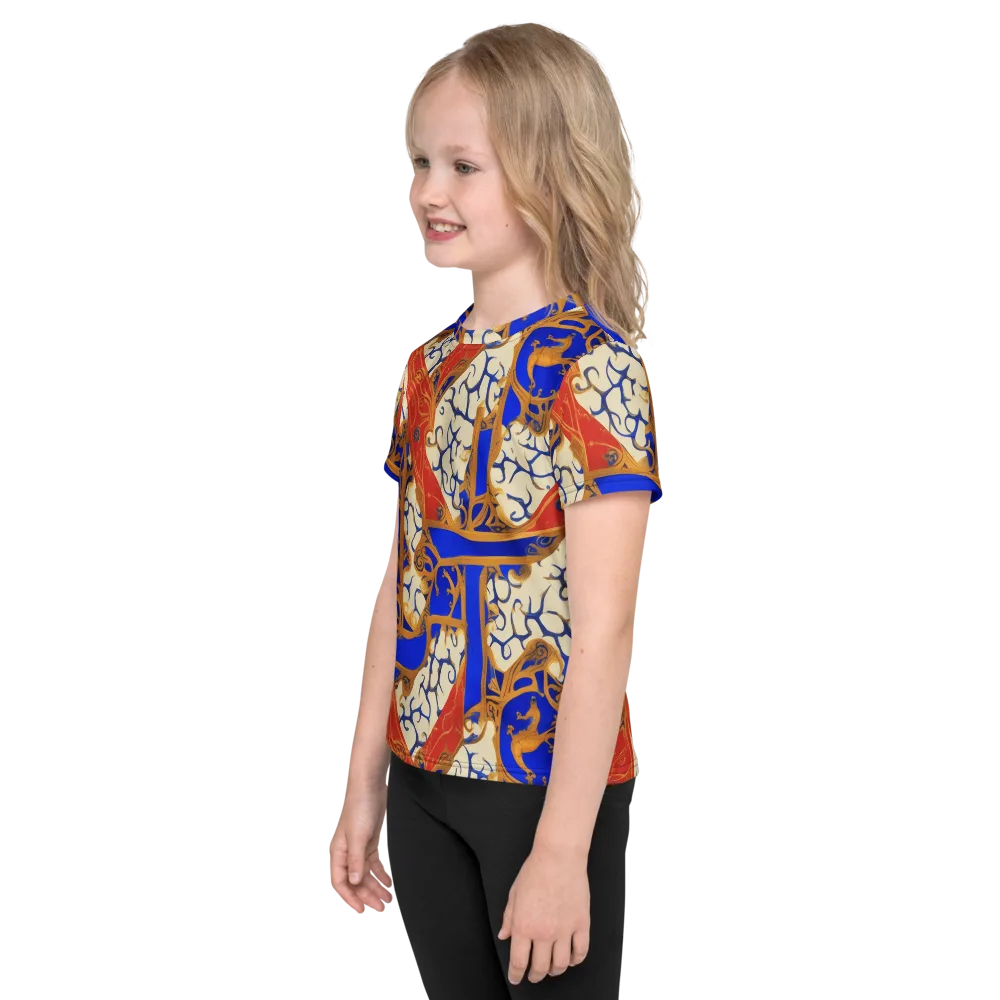 Cobalt Baroque on Kids Crew Neck T-Shirt — Left