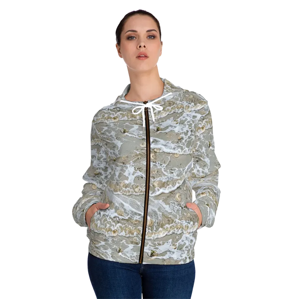 Tidal Shells on Women's Full-Zip Hoodie — Front On Person