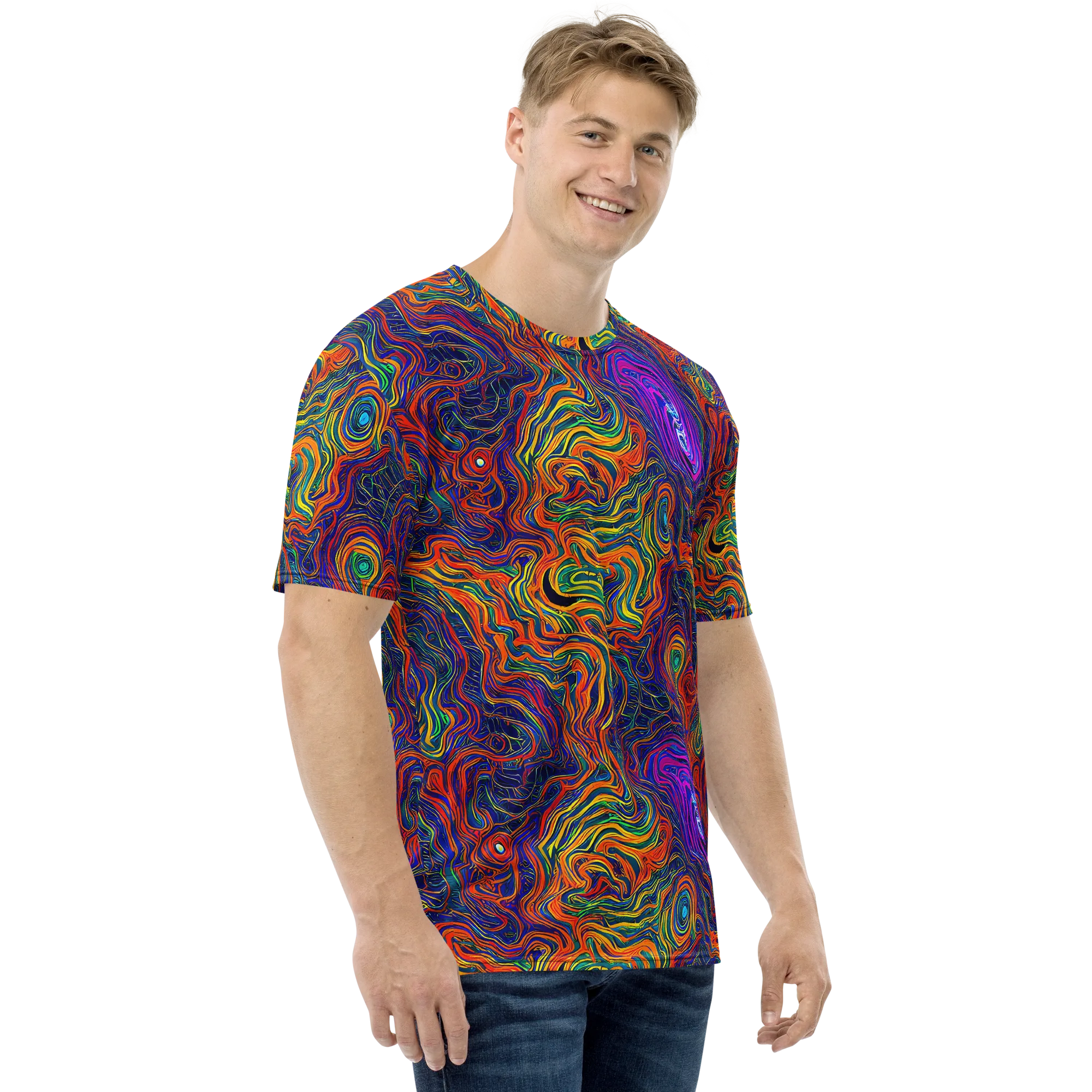Neon Contours on Men's Crew Neck T-Shirt — Right