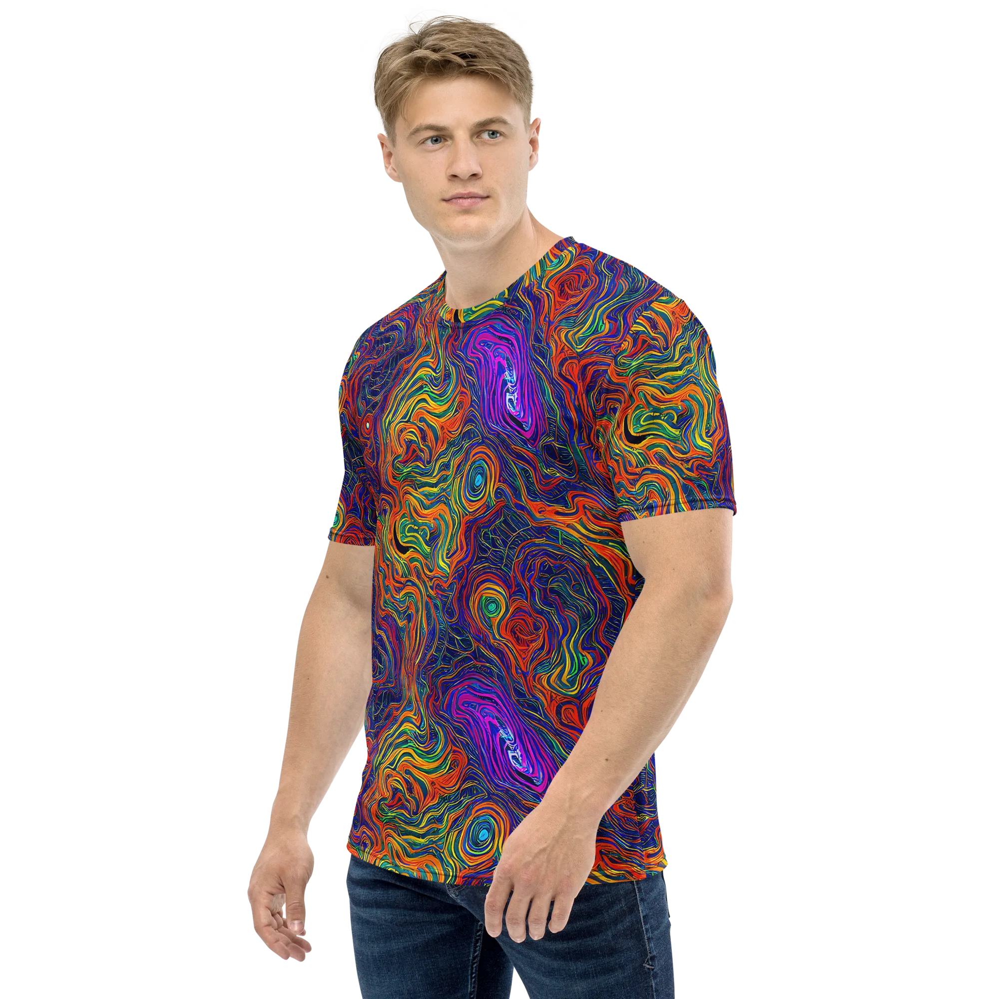 Neon Contours on Men's Crew Neck T-Shirt — Left
