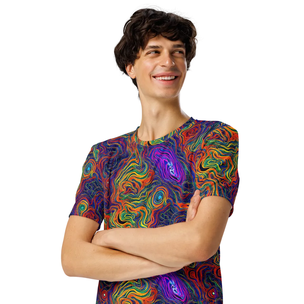 Neon Contours on Men's Crew Neck T-Shirt — Left Front