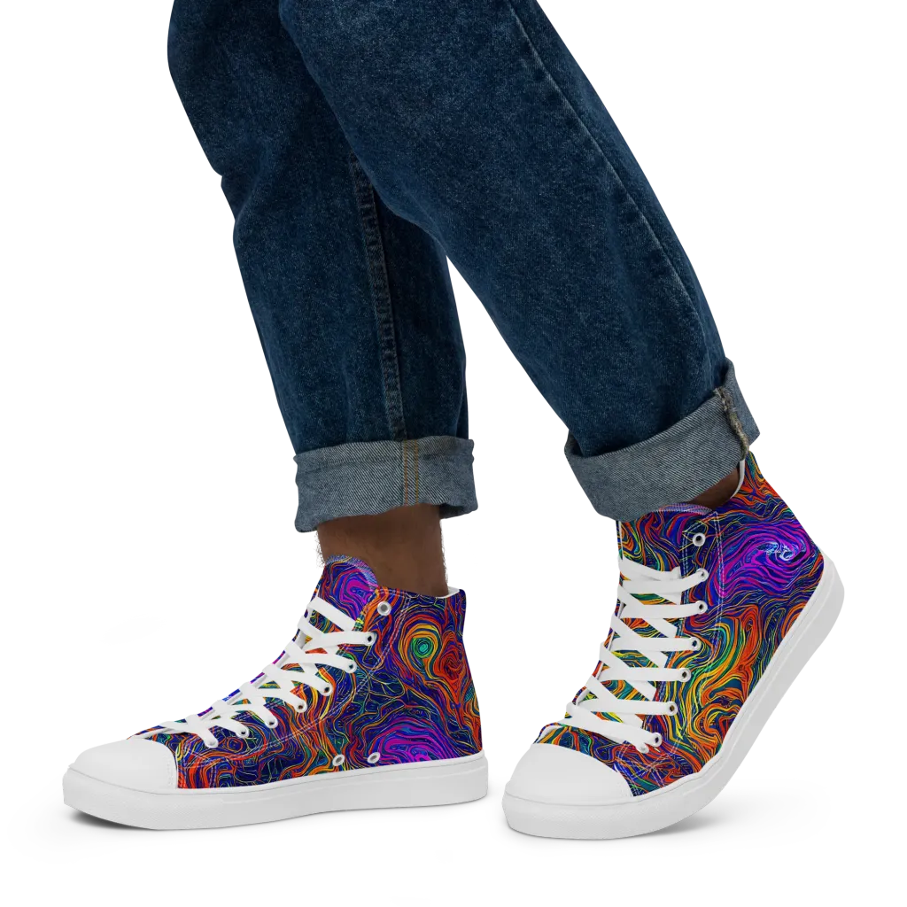 Neon Contours on Men's High Top Canvas Shoes — Left