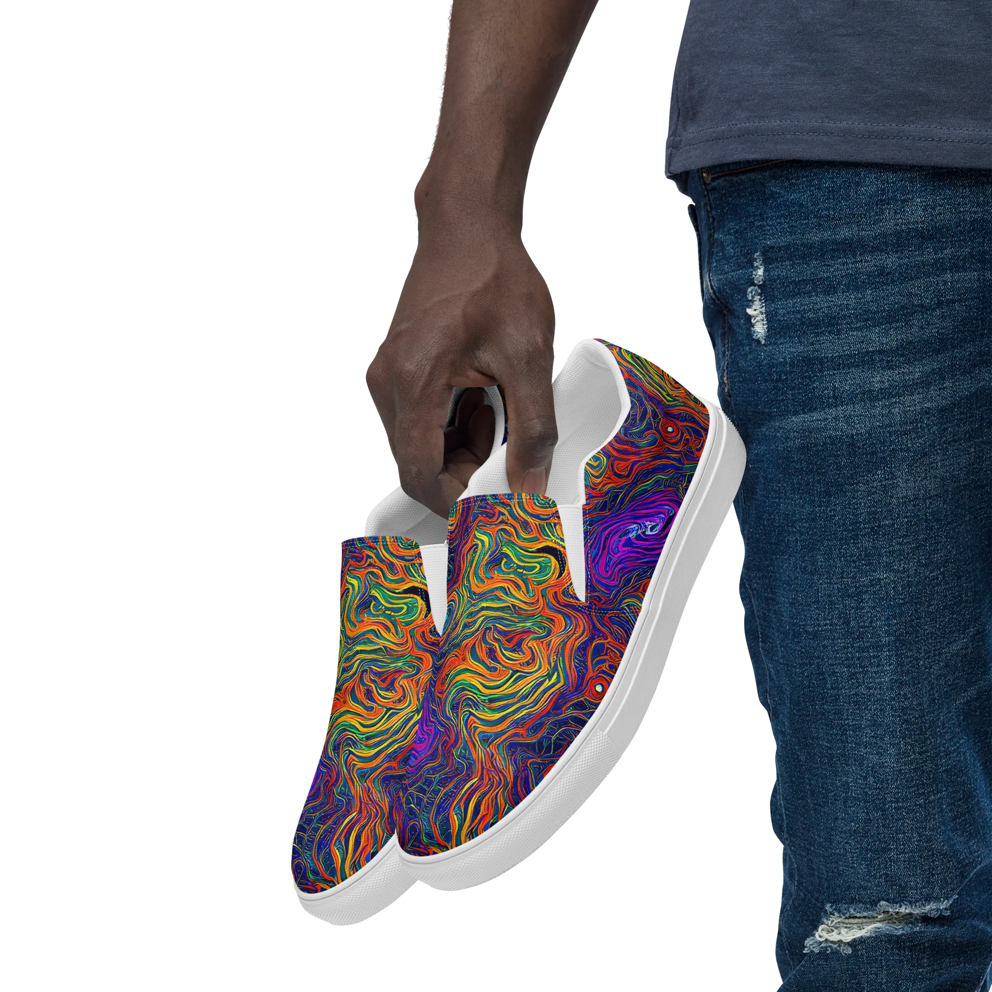 Neon Contours on Men's Slip-On Canvas Shoes — Left Front