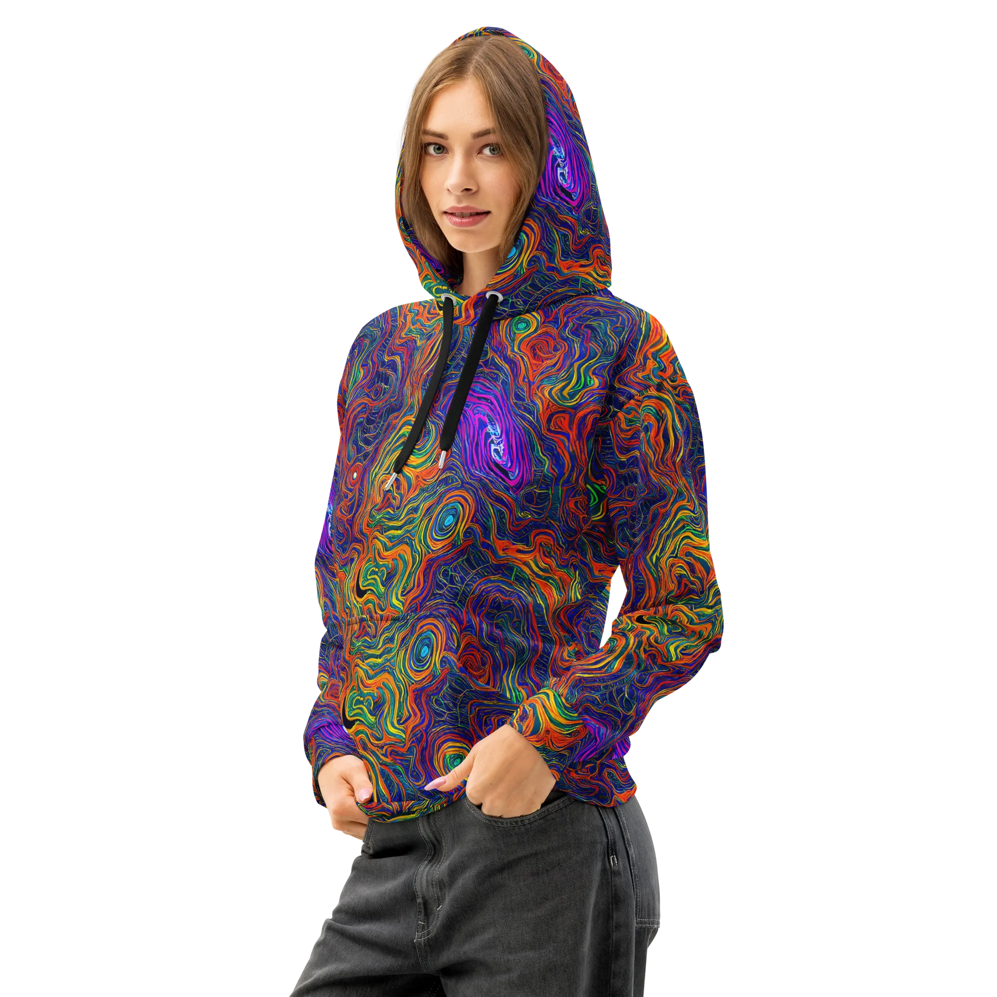 Neon Contours on Cotton Hoodie — Left Front