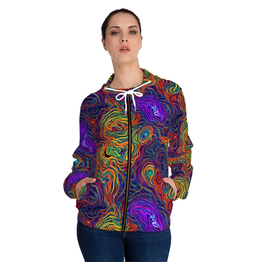 Neon Contours on Women's Full-Zip Hoodie — Front On Person