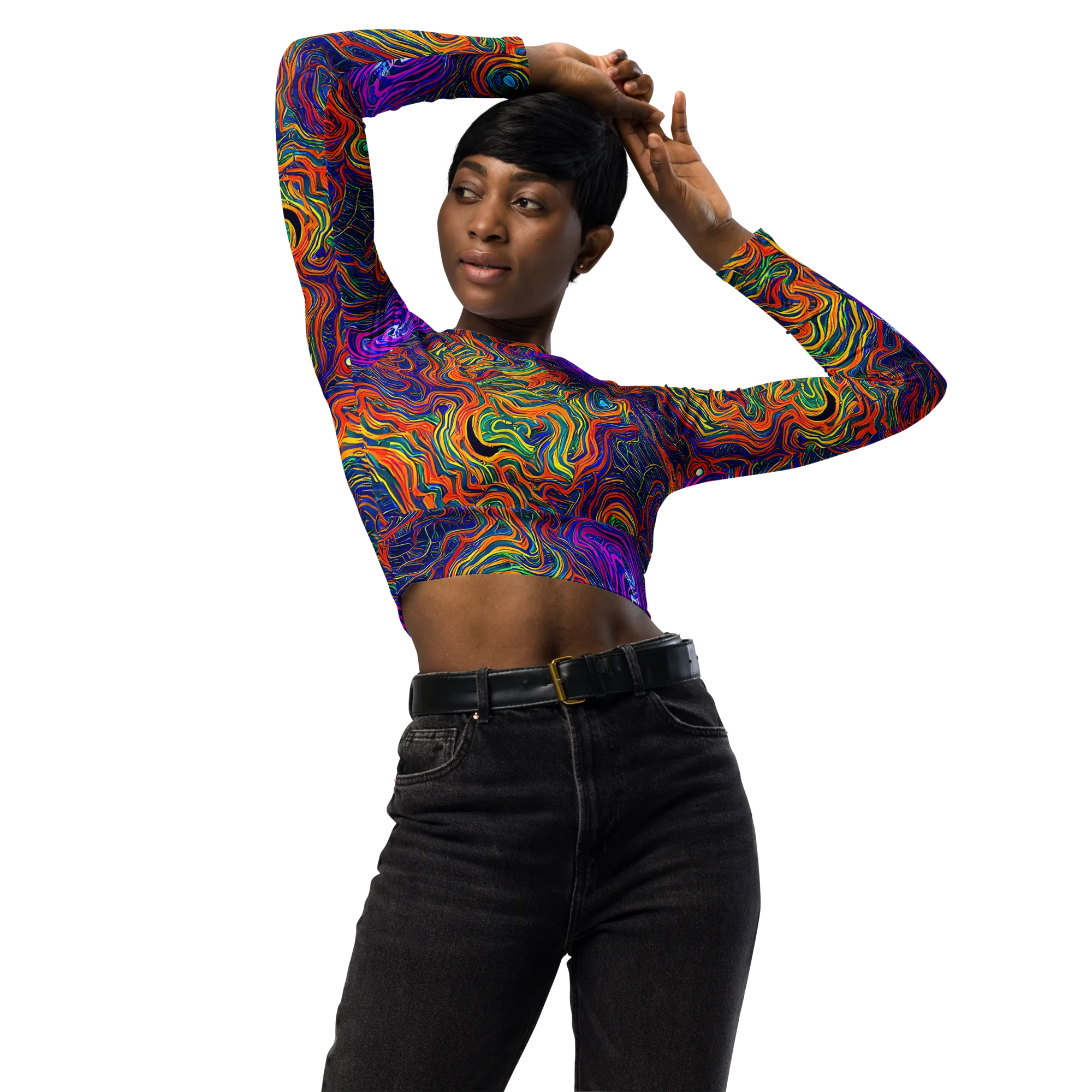 Neon Contours on Long Sleeve Crop Top — Front