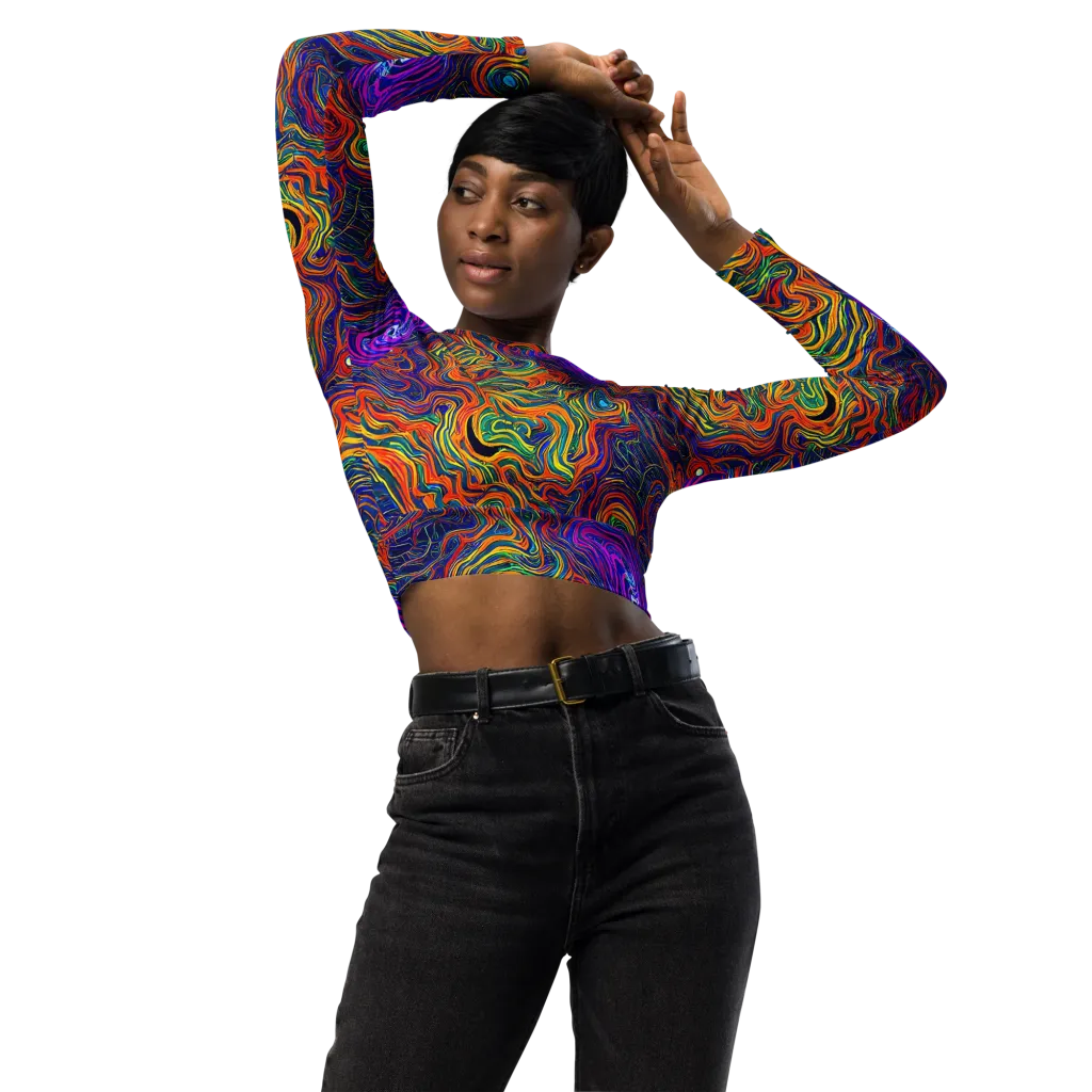 Neon Contours on Long Sleeve Crop Top — Front