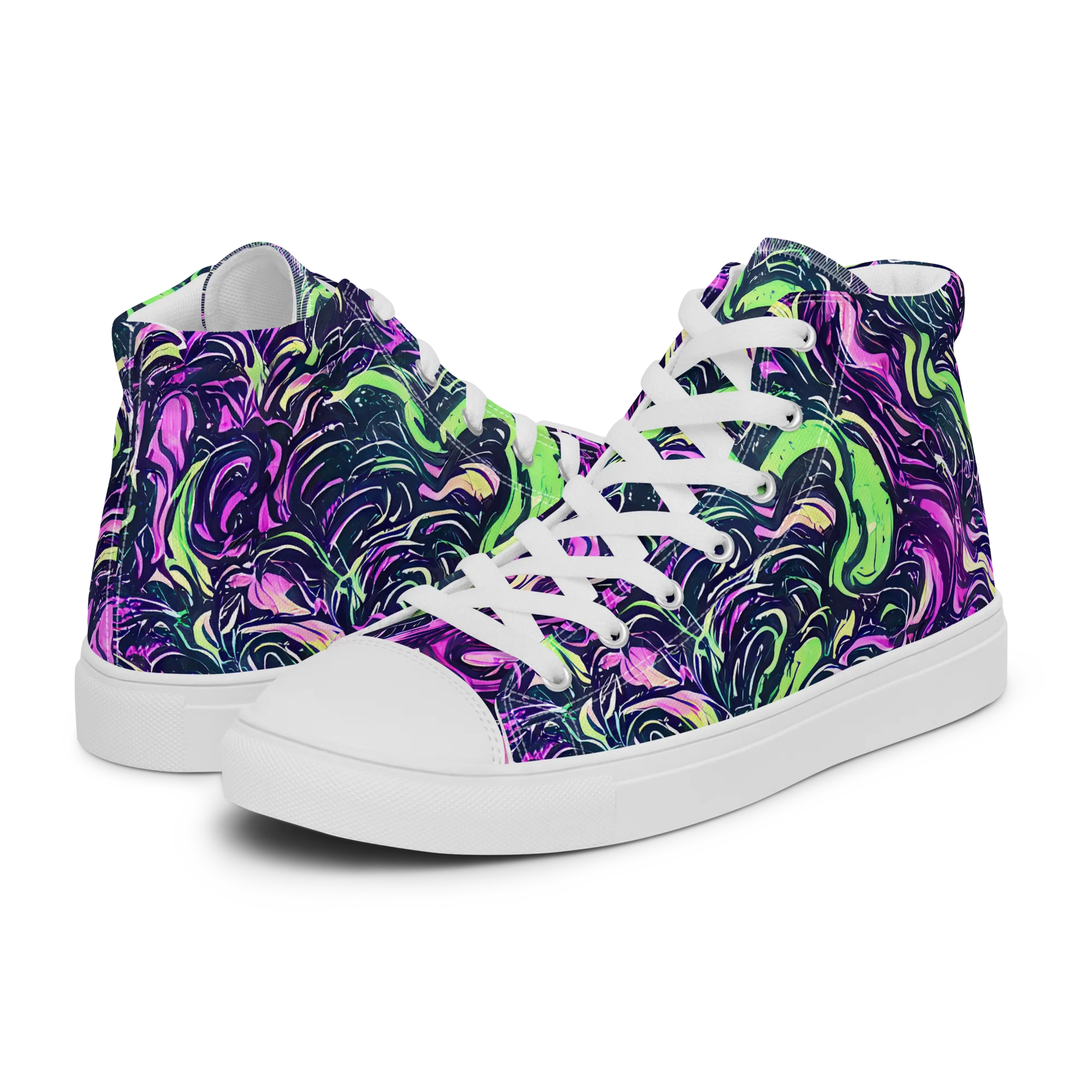 Neon Marbled Bloom on Men's High Top Canvas Shoes — Left