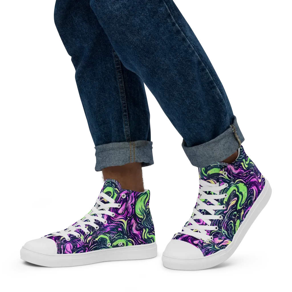 Neon Marbled Bloom on Men's High Top Canvas Shoes — Left