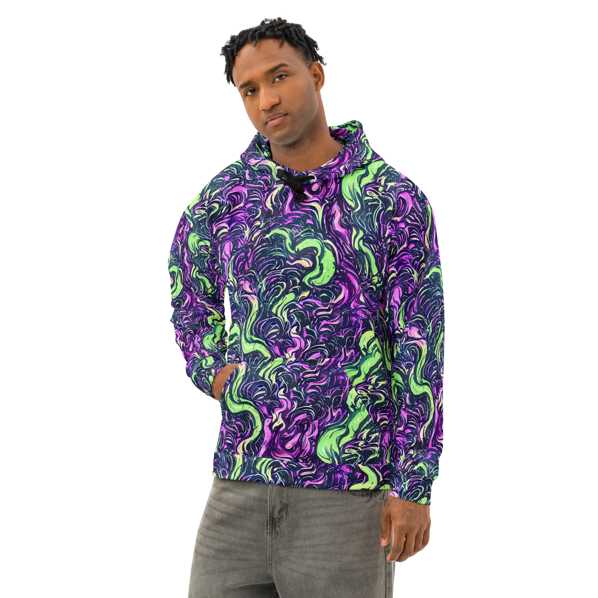 Neon Marbled Bloom on Cotton Hoodie — Left Front