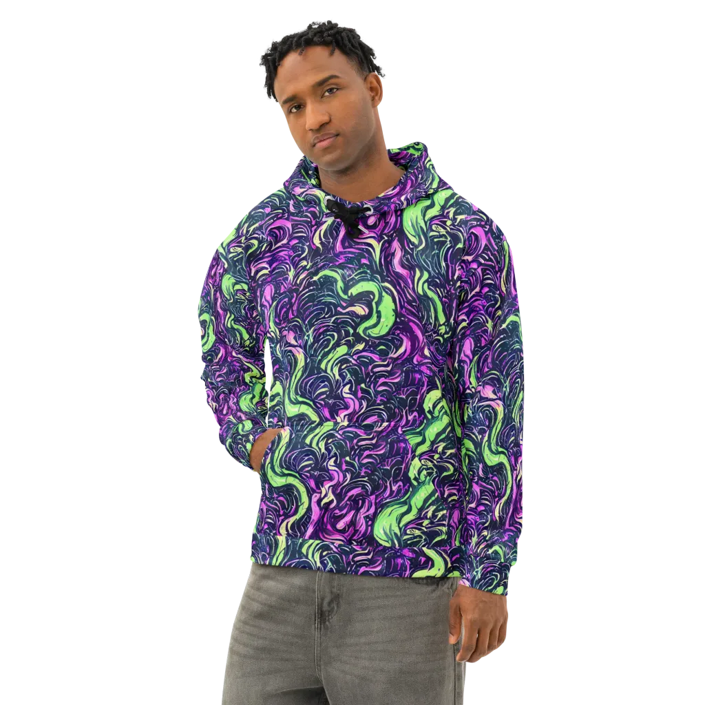 Neon Marbled Bloom on Cotton Hoodie — Left Front