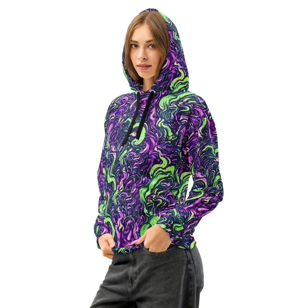 Neon Marbled Bloom on Cotton Hoodie — Left Front
