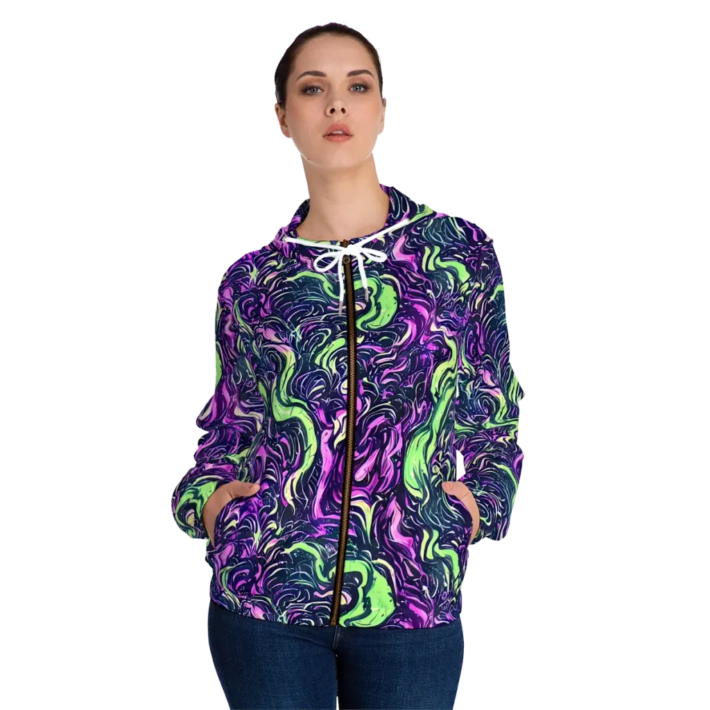 Neon Marbled Bloom on Women's Full-Zip Hoodie — Front On Person