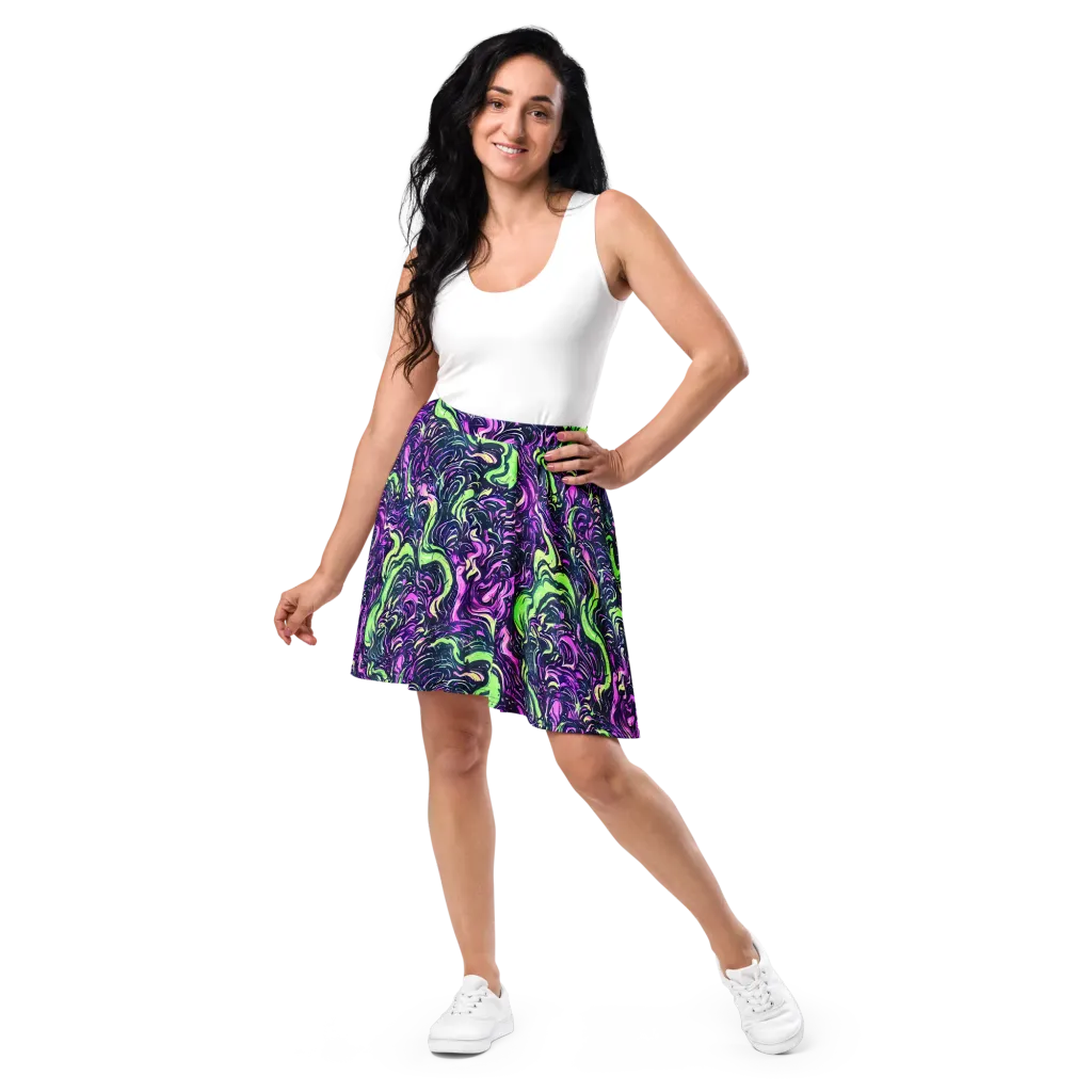 Neon Marbled Bloom on Skater Skirt — Front
