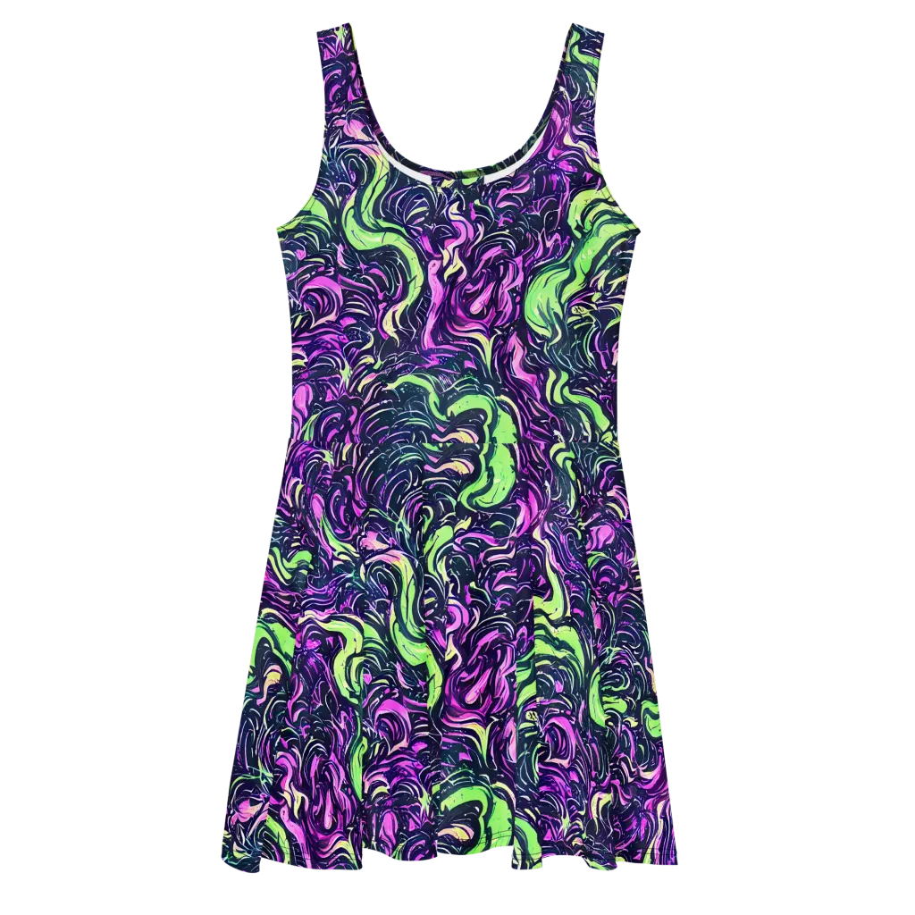 Neon Marbled Bloom on Skater Dress — Front