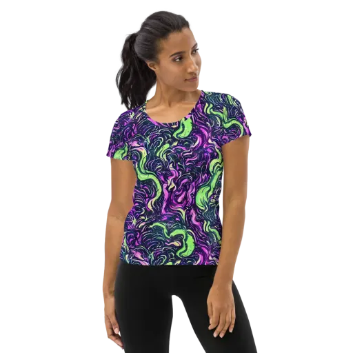 Neon Marbled Bloom on a Women's Athletic T-Shirt