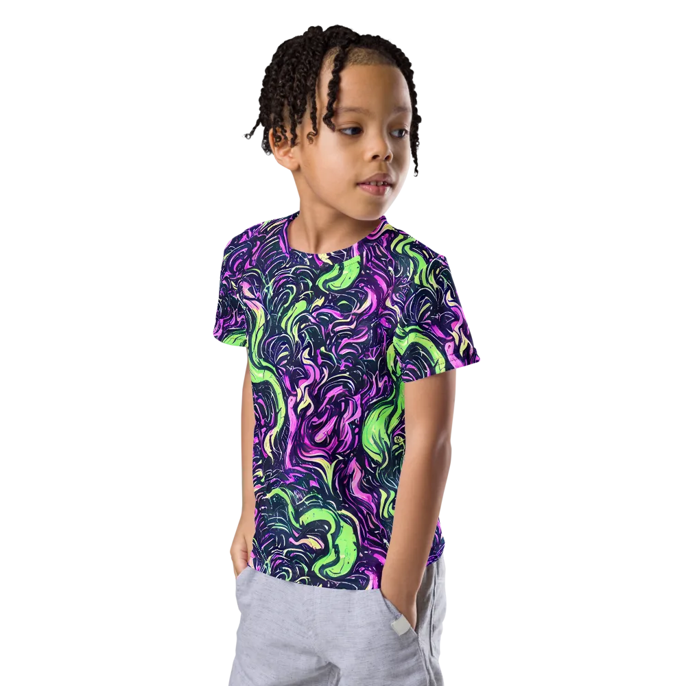 Neon Marbled Bloom on Kids Crew Neck T-Shirt — Left Front