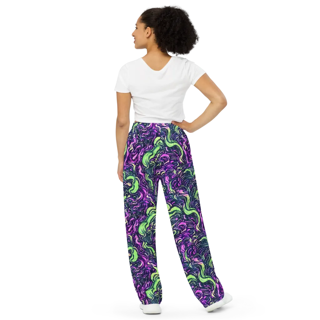 Neon Marbled Bloom on Wide-Leg Pants — Back