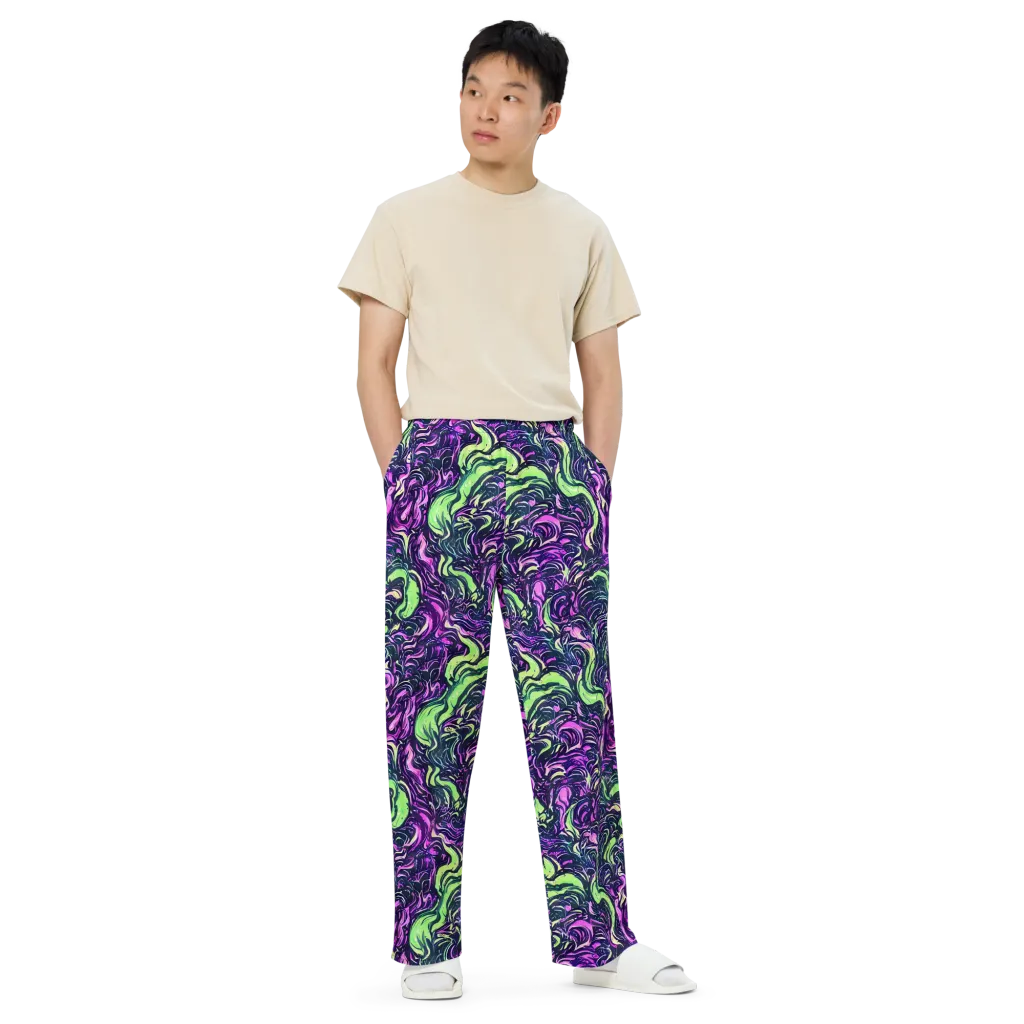 Neon Marbled Bloom on Wide-Leg Pants — Front