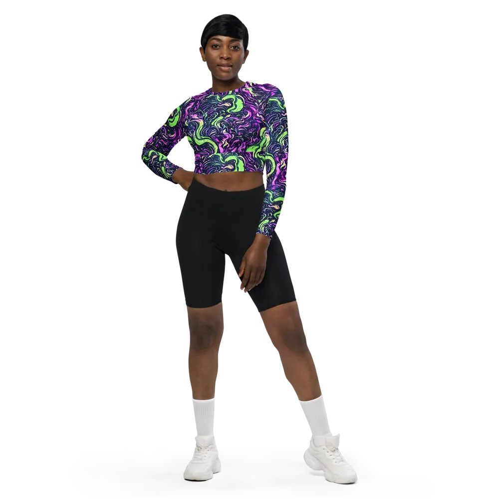 Neon Marbled Bloom on Long Sleeve Crop Top — Front