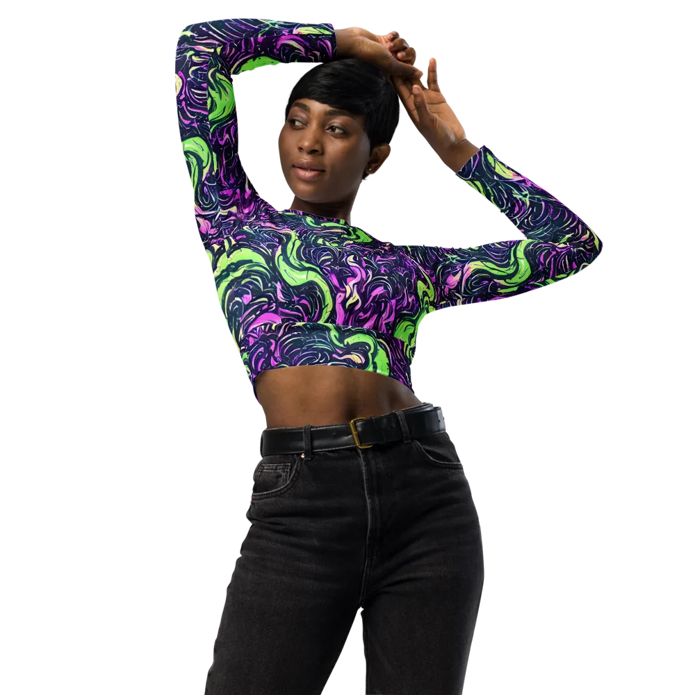 Neon Marbled Bloom on Long Sleeve Crop Top — Front