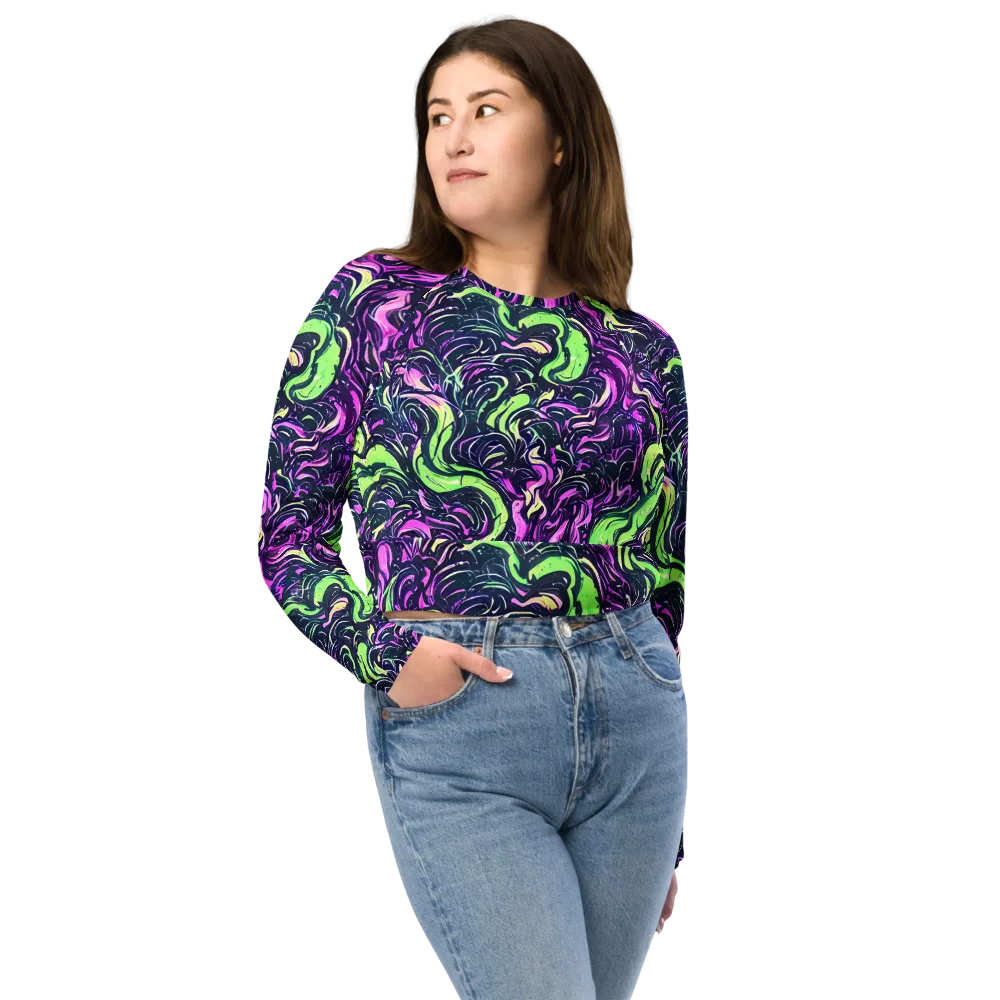 Neon Marbled Bloom on Long Sleeve Crop Top — Front