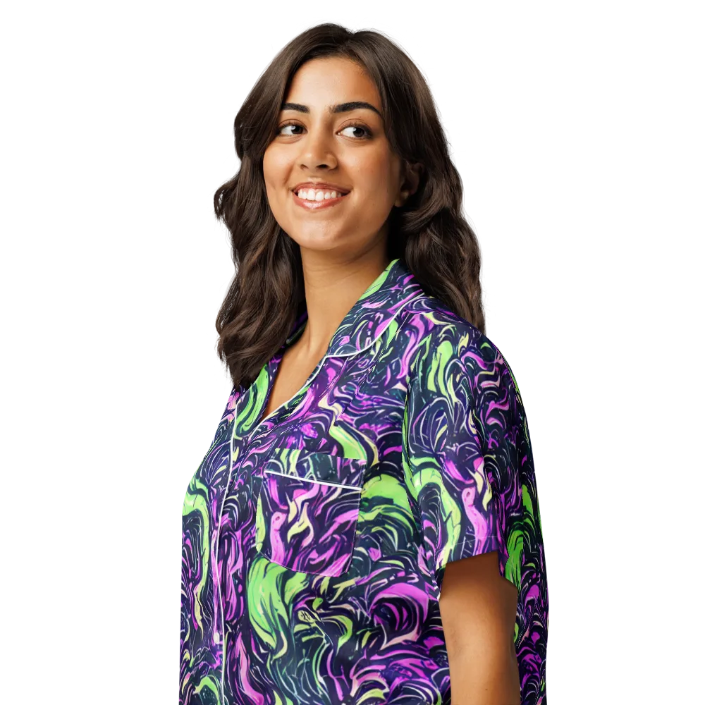 Neon Marbled Bloom on Women's Short Sleeve Pajama Top — Left Front